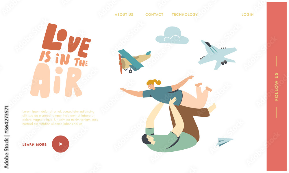 Father Playing with Little Daughter in Airplane Landing Page Template. Happy Family Characters Dad with Child Fooling. Parenting, Childhood and Planes, Recreation. Linear People Vector Illustration