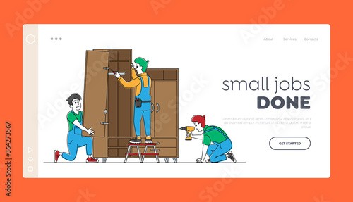 Repair Woodwork Landing Page Template. Carpenter Characters with Drill and Instruments Assemble Furniture. Carpentry Repairmen with Tools Assembling Home Cupboard. Linear People Vector Illustration