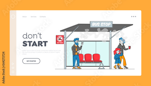 Second Hand Passive Smoking Social Problem Landing Page Template. Woman Character with Daughter Displeased with Man Smoke in Public Place, Mother Angry on Smoker. Linear People Vector Illustration