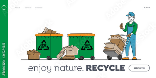 Paper Waste or Trash Recycle Landing Page Template. Janitor Character with Trolley and Pile of Used Carton at Recycling Litter Bins. Ecology Protection, Wastepaper Reuse. Linear Vector Illustration