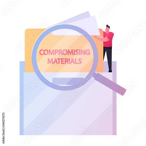Compromising Material Concept. Tiny Male Character with Magnifying Glass Take Folder with Incriminating Evidence from Huge Envelope. Secret Information, Espionage, Crime. Cartoon Vector Illustration