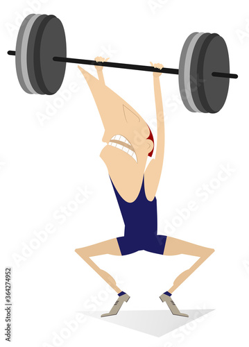 Funny weightlifter illustration. Cartoon man is trying to lift a heavy weight isolated on white