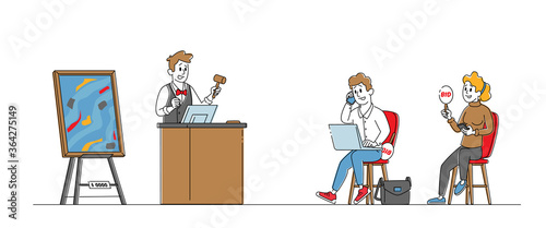 Auction Bidding Concept. Male and Female Characters Sitting on Chair and Rising Bid Boards for Buying Asset. Collectors during Auctioning Process, Rarity Selling. Linear People Vector Illustration