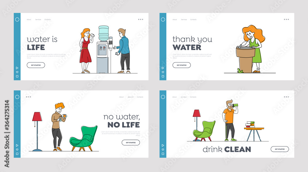 Thirsty People Drink Fresh Water Landing Page Template Set. Characters Adults and Child Drinking Cold Aqua from Cooler, Little Girl Refreshing at Street Fountain, Hydration. Linear Vector Illustration
