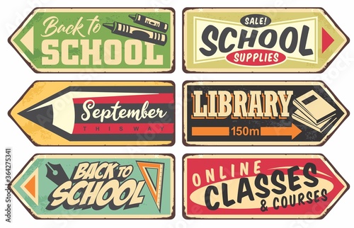 Vector school retro sign set. Vintage vector illustration with school supplies books and pencils. 