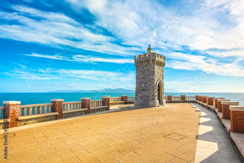 View of Piombino piazza bovio lighthouse and Elba Island. Tuscany Italy photo