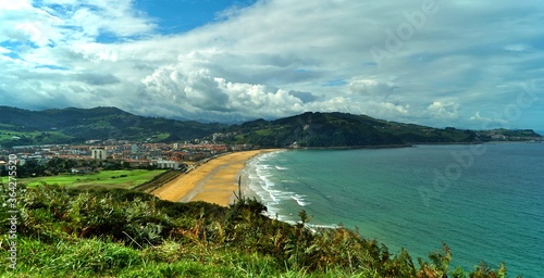 panoramic view of basque town Zarautz, the beach and the ocean © ummanandapics