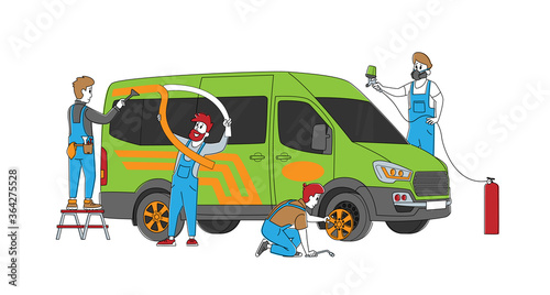Male Characters Making Auto Tuning and Modernization in Garage Salon Sticking Duct Tape, Painting Car Body, Upgrade Wheels. Modification Service for Transportation. Linear People Vector Illustration