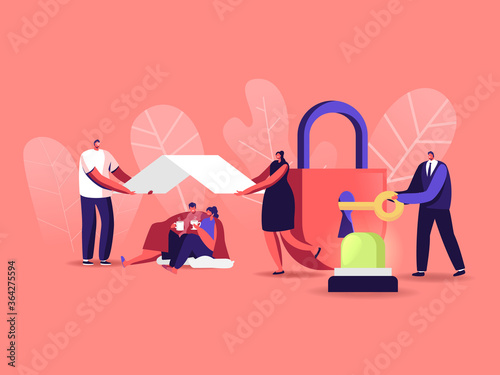 Security Concept. Male and Female Characters Drinking Coffee Sitting under Roof, Tiny Man Closing Huge Lock with Key, Signaling. Home and Life Protection, Safety. Cartoon People Vector Illustration