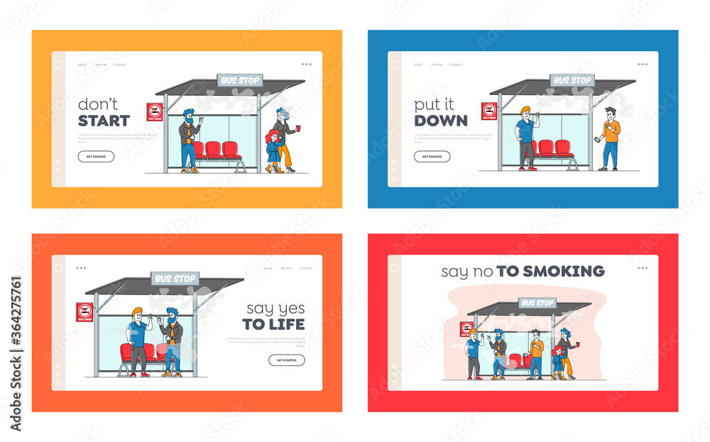Smoking in Public Place, Bad Habit Landing Page Template Set. Characters Smoke near Prohibited Sign on Bus Stop with People around. Angry Woman with Child Admonish Smokers. Linear Vector Illustration