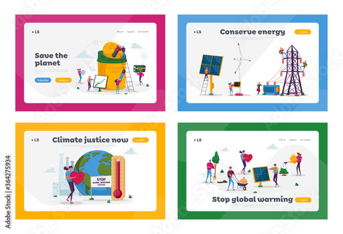 Save the Planet Landing Page Template Set. Tiny Male and Female Characters Use Green Energy, Sorting Garbage and Recycling E-waste for Environmental Protection. Cartoon People Vector Illustration