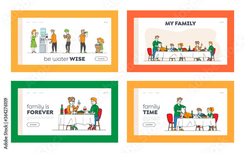 Family Dinner, People Drinking Water from Cooler and on Street Landing Page Template Set. Parents, Grandparents and Children Eating Sitting at Table. Holiday Celebration. Linear Vector Illustration