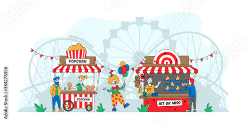 Characters Visit Amusement Park. People Eating Out and Relax in Public Place, Buying Fast Food in Booth, Shoot in Shooting Gallery. Happy Outdoors, Summer Leisure, Vacation. Linear Vector Illustration