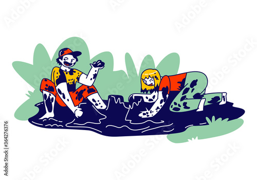 Children Characters Wallow in Dirty Puddle at Rain Weather Making Cakes of Liquid Soil. Girl and Boy Playing in Rainy Day Sitting in Mud Splashing Water and Dirt. Linear People Vector Illustration