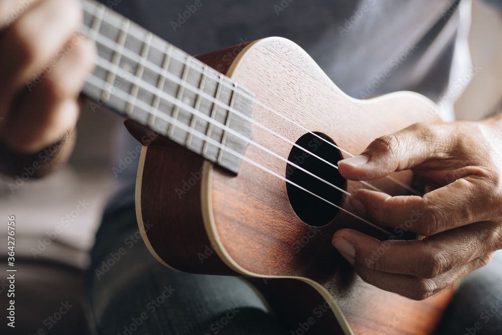Fototapeta premium Close up Young man playing ukulele