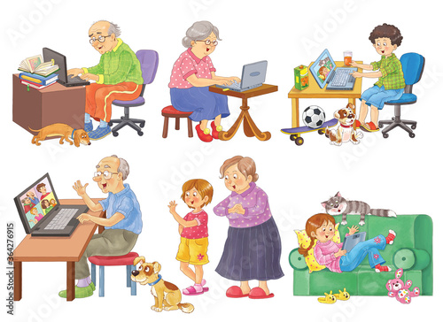 Old people communicating by internet with their relatives. Social isolation. Coloring page. Set of illustrations. Cute and funny cartoon characters isolated on white background