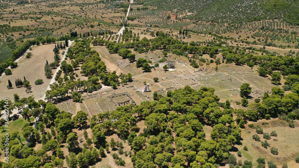 Aerial drone photo of archaeological site of ancient Epidauros well known for massive theatre, Argolida, Peloponnese, Greece