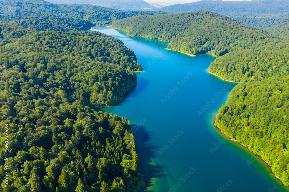Aerial view of the Proscansko Lake in the Plitvice Lakes National Park, Croatia