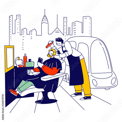 Stylish Hipster Barber Character Making Style for Customer Trimming Hair and Beard in front of Mirror in Street Barbershop, Outdoor Men Hairdressing Salon, Grooming. Linear People Vector Illustration