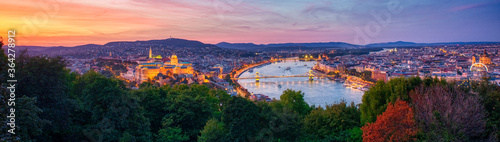 Panoramic Sunset View of Budapest, Hungary in spring season rom famous viewing spot at Citadella