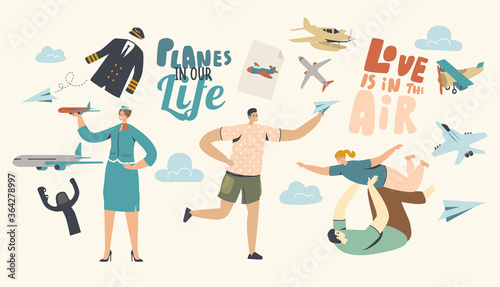 Planes in our Life Concept. Adult Man Playing with Child, Male Character Run with Paper Airplane in Hand. Stewardess, Flight Attendant, Air Hostess Girl in Uniform. Linear People Vector Illustration