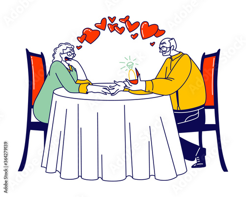 Old Man Ask Woman Marry him in Restaurant Giving Ring. Romantic Relations, Meeting. Happy Loving Couple of Senior Characters Dating. Declaration of Love, Engagement. Linear People Vector Illustration