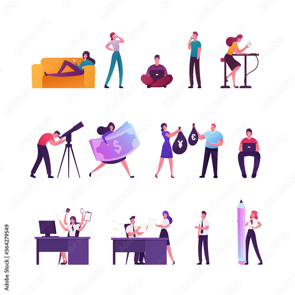 Set of Tiny Male and Female Characters Relaxing with Gadgets, Using Smartphone or Laptop, People with Huge Dollar Bill and Money sacks. Mann Look in Telescope, Office Work. Cartoon Vector Illustration