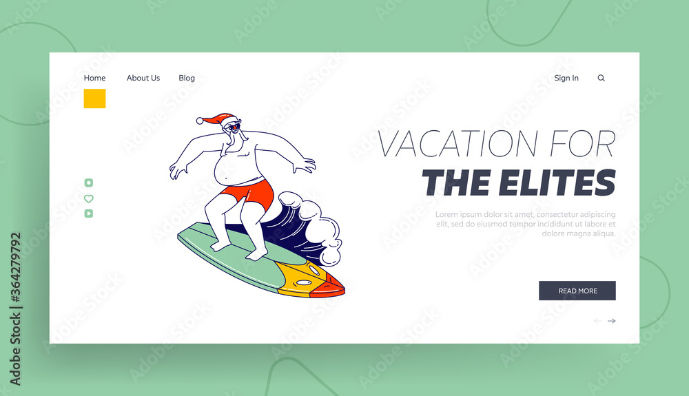 Santa Claus Tropical Summer Time Vacation Landing Page Template. Christmas Character in Red Panties Surfing Ocean Wave on Surf Board. Water Recreation, Summer Xmas Holidays. Linear Vector Illustration Santa Claus Tropical Summer Time Vacation Landing Page Template. Christmas Character in Red Panties Surfing Ocean Wave on Surf Board. Water Recreation, Summer Xmas Holidays. Linear Vector Illustration