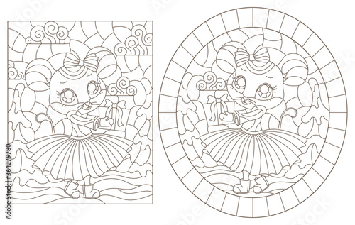 Set of contour illustrations in stained glass style with cute cartoon mice  dark outlines on a white background