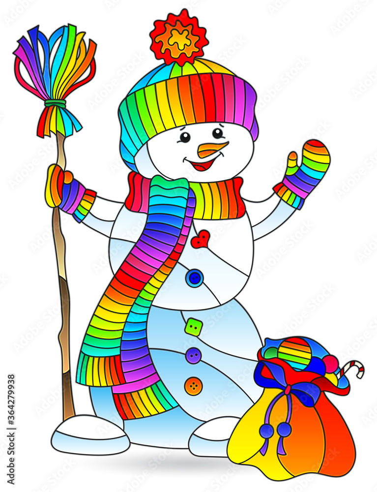 Naklejka premium Illustration in stained glass style with the figure of a bright cartoon snowman, isolated on a white background