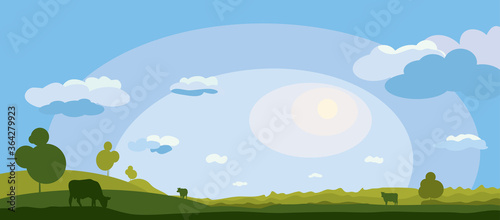 vector field with clouds and with silhouettes of cows grazing free. summer rural landscape