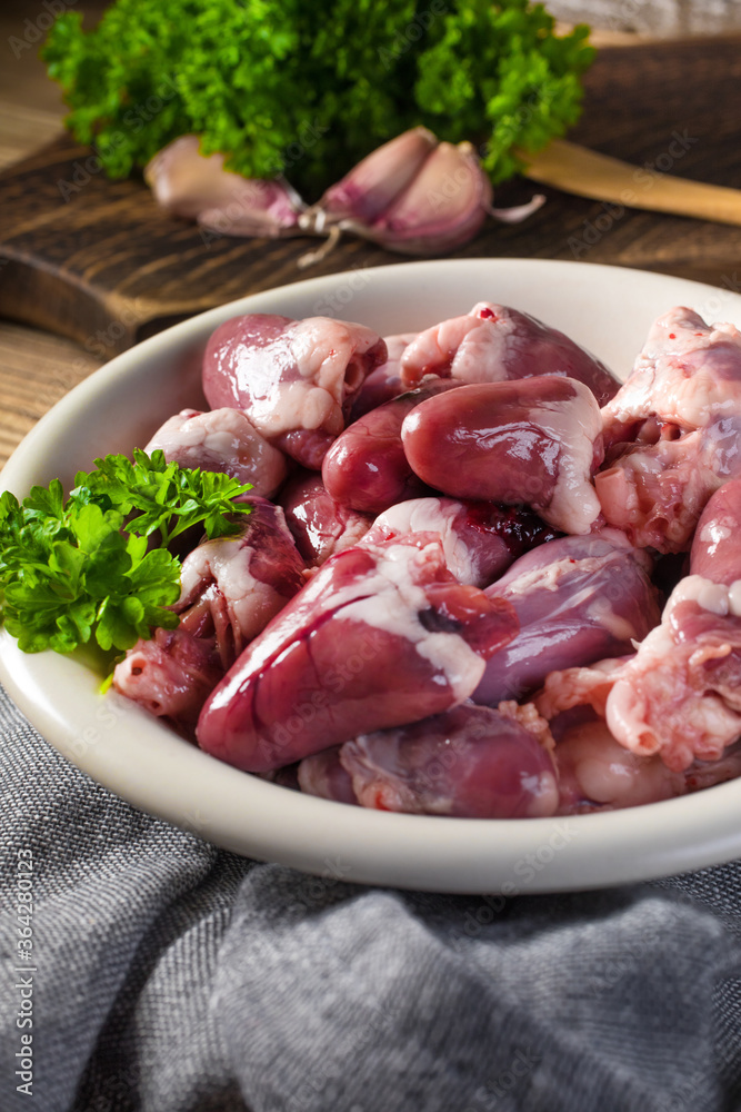 Fresh raw chicken hearts