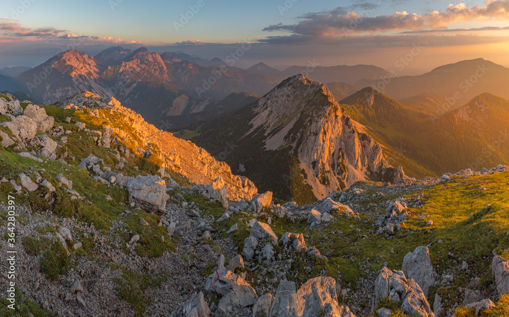 Morning view of the kosuta ridge in Karavanke range alps at the sunrise, Slovenia