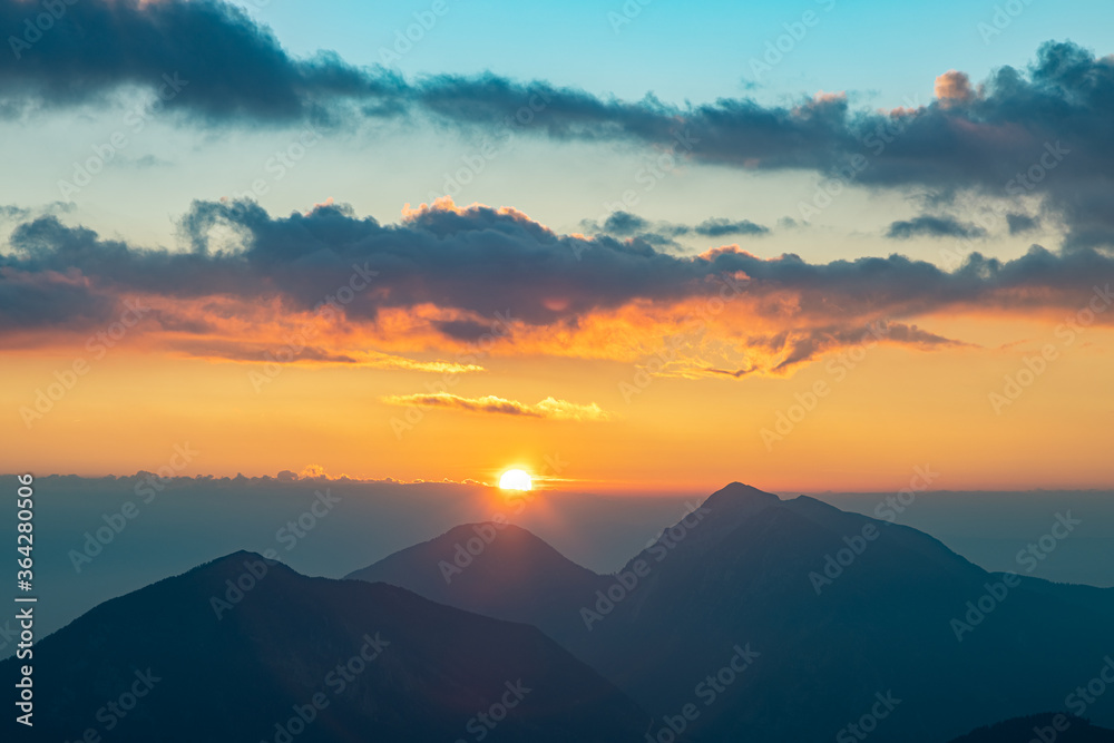 Morning view from the Kosuta ridge in Karavanke range Alps at the sunrise, Slovenia Morning view from the Kosuta ridge in Karavanke range Alps at the sunrise, Slovenia