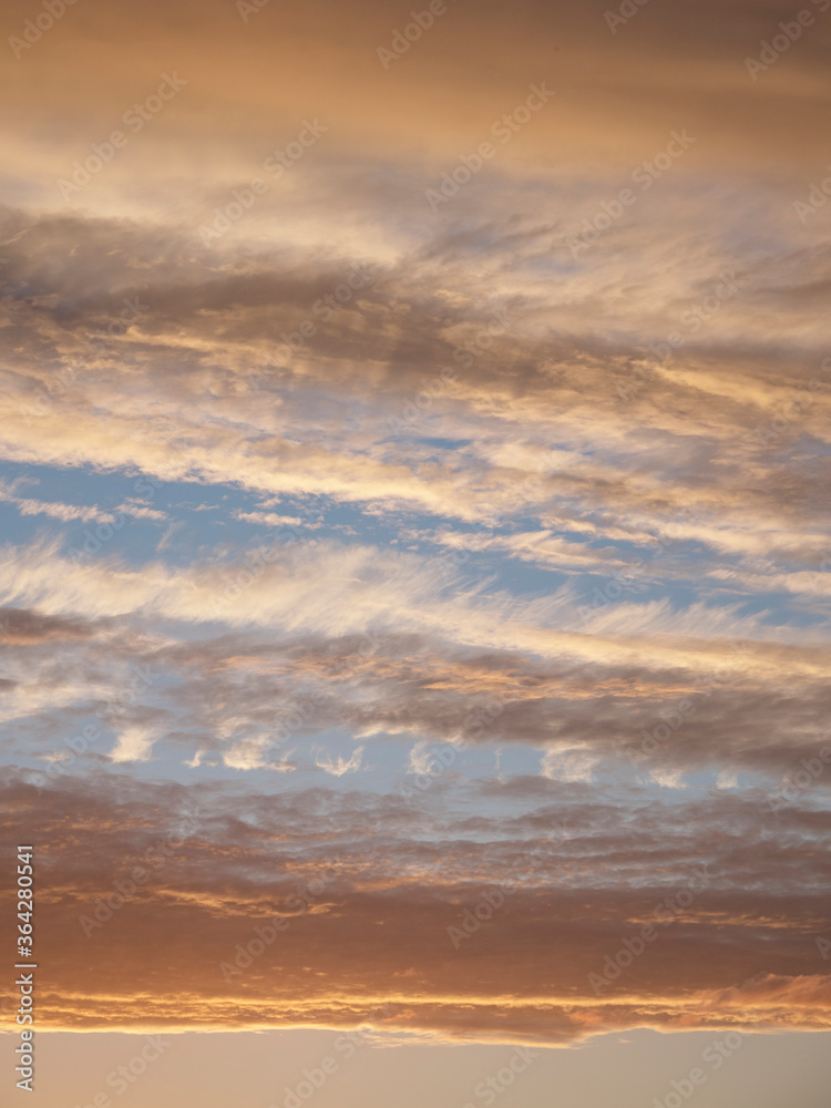 Gradient of the evening sky. Colorful cloudy sky at sunset. Sky texture, abstract nature background, soft focus