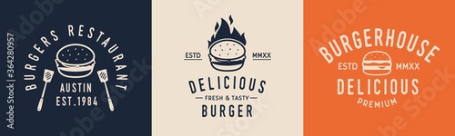 Burger hipster logo set. Logo for burger house, restaurant with burger icon. Typography restaurant. Vector logo, sticker, poster template for restaurant, burger house.