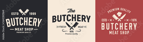 Meat, butcher logo. Logo for butchery, meat shop with knives. Typography Butchery, Meat shop, Restaurant. Vector logo, sticker, poster template for restaurant, meat shop, grocery store, steak house.
