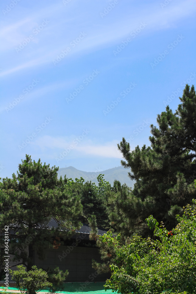 View of trees, a building with a tiled roof and mountains against a blue sky. Xian. China...