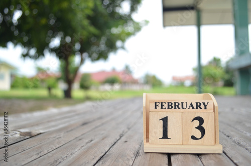 February 13, Number cube with a natural background.