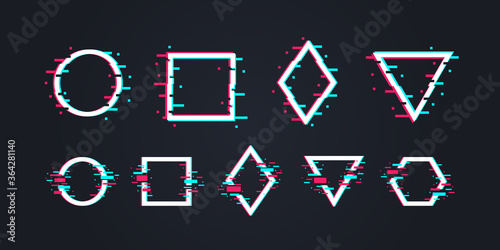 Glitch art concept. Set of 9 Distorted Glitch frames, backgrounds. Glitch music logo templates. Circle, square, triangle, rhombus and hexagon in distorted glitch style. Vector illustration