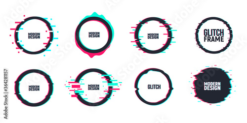 Vector set of geometric circle frames in distorted glitch style. Set of circle shape borders, covers. Modern background for posters, banners, flyers, covers.