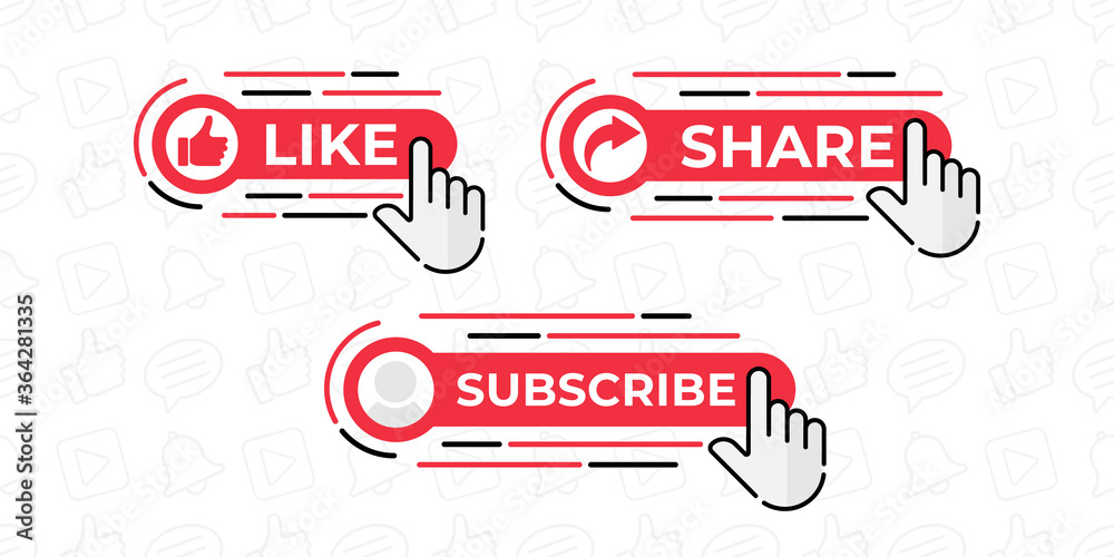 Like, Share, Comment, Subscribe and share icon button vector illustration. Set of social media button or icon vector illustration design template for video channel, blog and background banner concept Like, Share, Comment, Subscribe and share icon button vector illustration. Set of social media button or icon vector illustration design template for video channel, blog and background banner concept