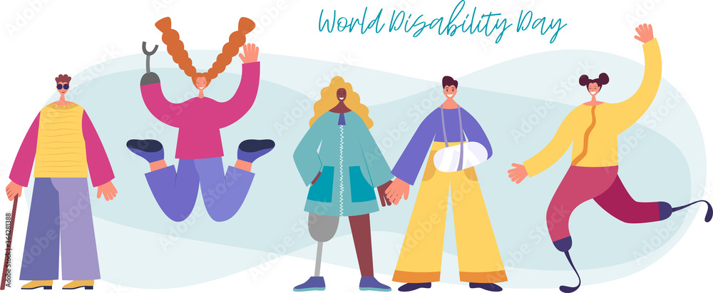 Vector background with disabled people. World Disability Day. Flat cartoon characters.