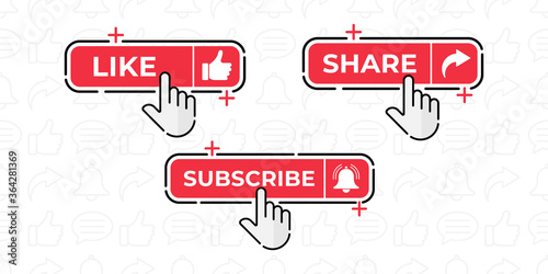 Like, Share, Comment, Subscribe and share icon button vector illustration. Set of social media button or icon vector illustration design template for video channel, blog and background banner concept