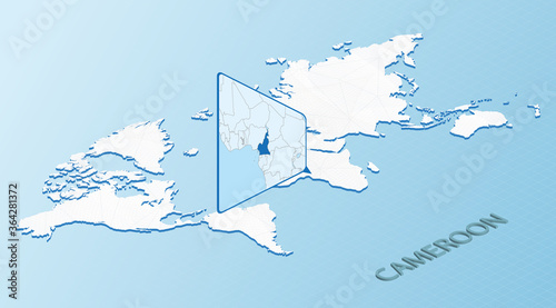 World Map in isometric style with detailed map of Cameroon. Light blue Cameroon map with abstract World Map.