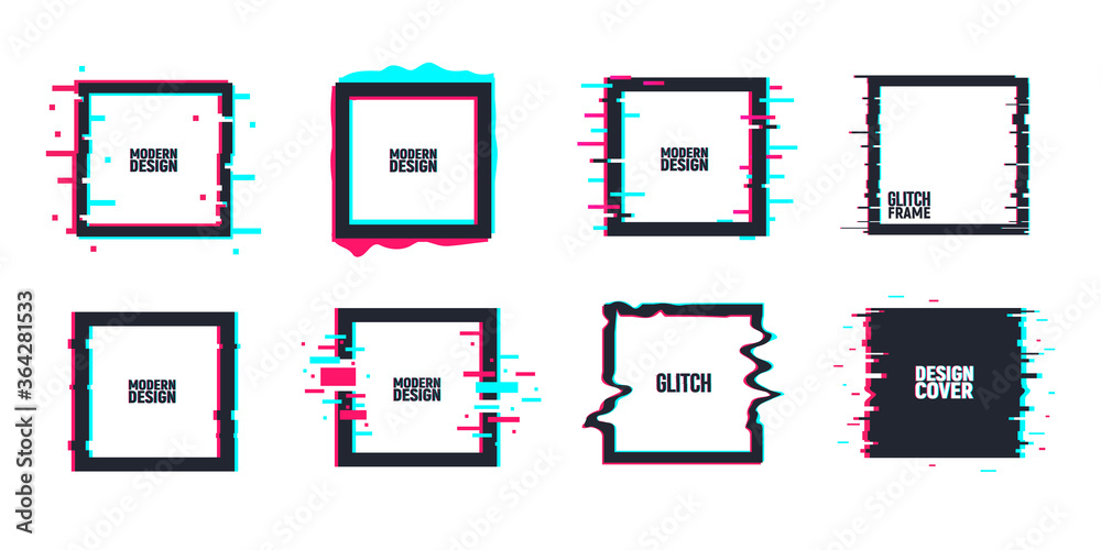 Vector set of geometric square frames in distorted glitch style. Set of square shape borders, covers. Modern background for posters, banners, flyers, covers. - obrazy, fototapety, plakaty 