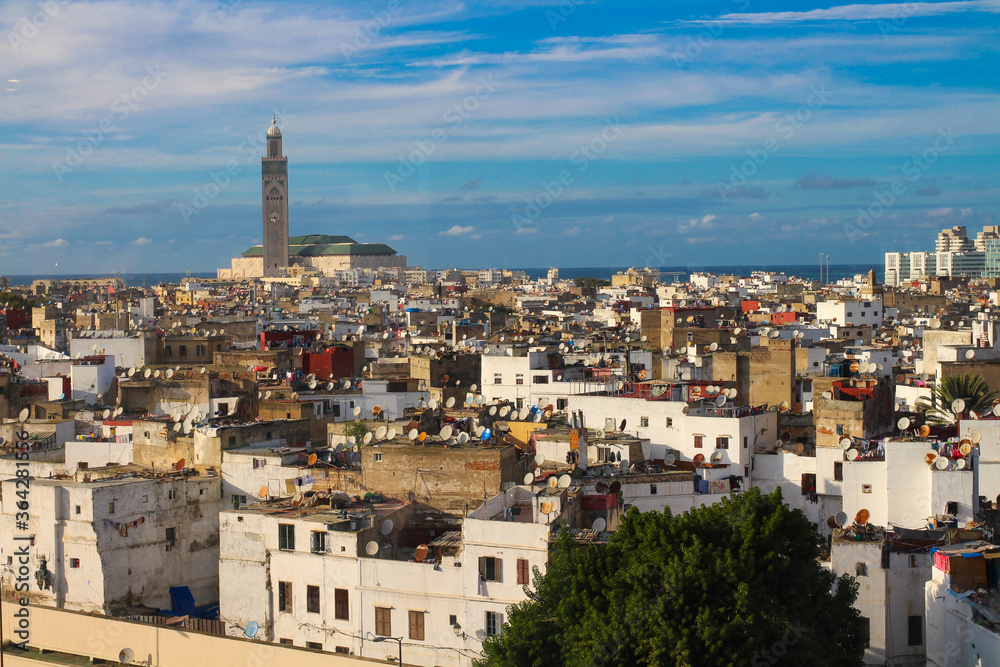 Top view of the rooftops of Casablanca and the Hassan II mosque.Morocco.