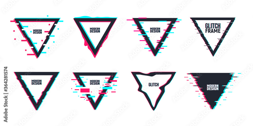 Vector set of geometric triangle frames in distorted glitch style. Set of triangle shape borders, covers. Modern background for posters, banners, flyers, covers. Vector set of geometric triangle frames in distorted glitch style. Set of triangle shape borders, covers. Modern background for posters, banners, flyers, covers.