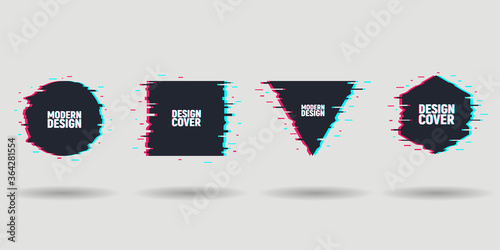 Vector set of minimal geometric shapes frames. Template of frames with glitch effect. Modern elements for design banners, posters, covers, cards, flyers, brochures