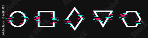 Vector geometric shapes frames with glitch effect. Circle, square, triangle, rhombus and hexagon in distorted glitch style. Modern trendy design elements.
